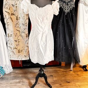 White Lace Puff-Sleeve Mini Dress - Classic Women's Dress